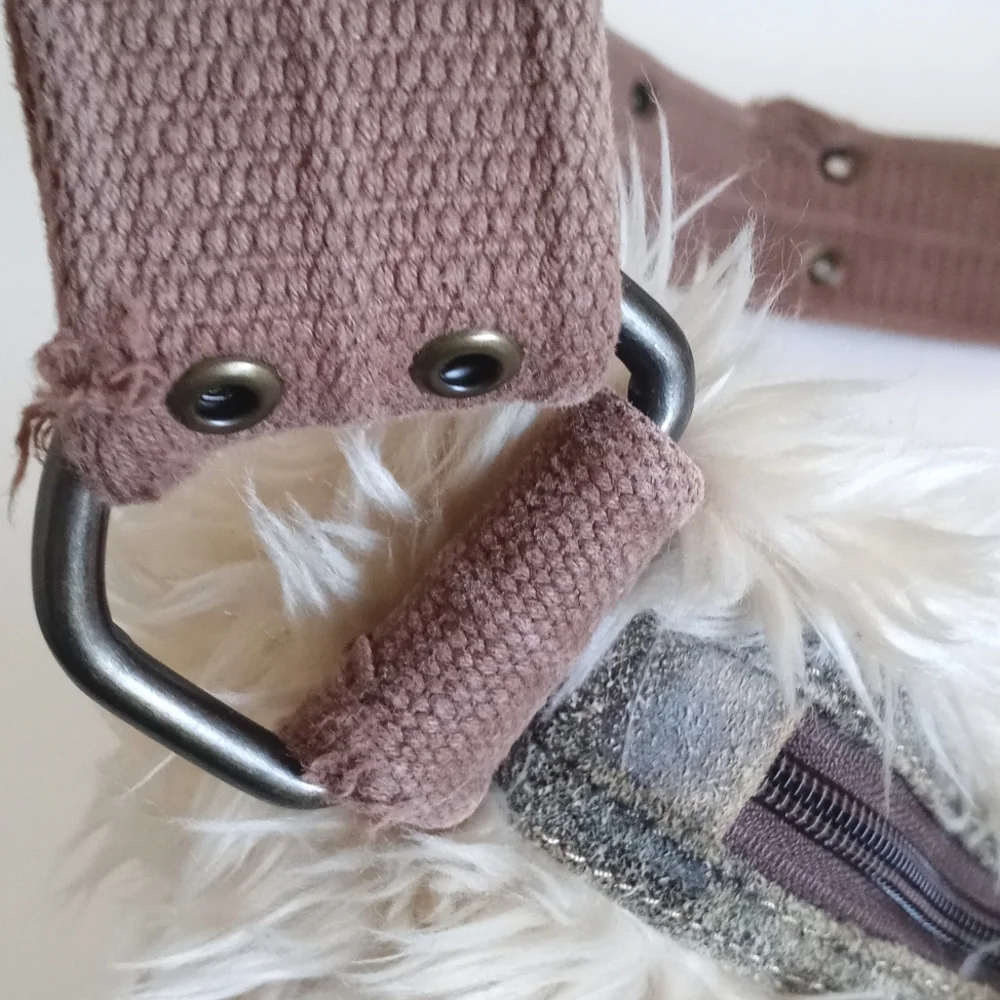 Vintage Faux Fur Burning Man Purse / Hobo Bag Thick Canvas Straps Brass Hardware